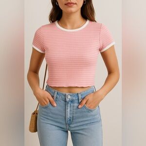 Ambiance Pink 🩷 and White 🤍 Striped Crop Tee